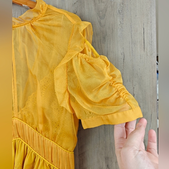 Self-Portrait NWOT Embroidered Chiffon Tiered Mini Dress In Gold Yellow Size 4 - Picture 13 of 16